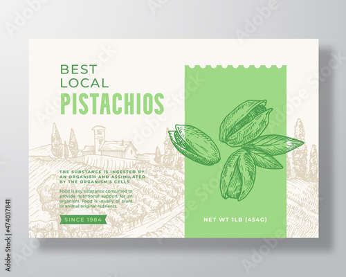 Fresh Local Pistachios Food Label Template. Abstract Vector Packaging Design Layout. Modern Typography Banner with Hand Drawn Nuts and Rural Landscape Background. Isolated