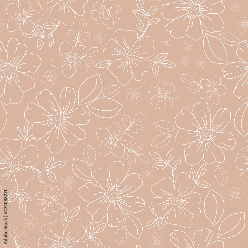 Vintage pattern. White outline of flowers and leaves. beige background. Seamless vector template for design and fashion prints.