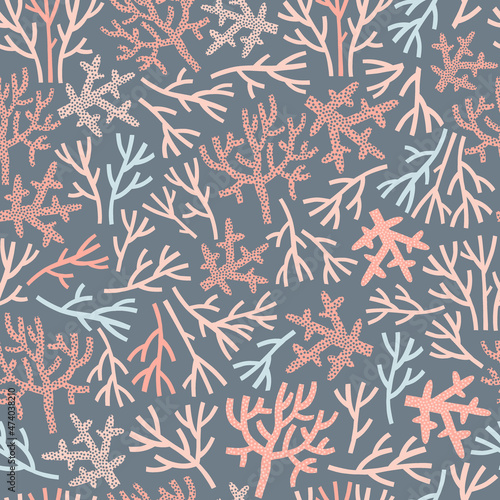 Pastel colours pink blue sea corals vector seamless pattern. Underwater world coral reef background. Scandinavian decorative childish surface design for nautical nursery and navy kids fabric.