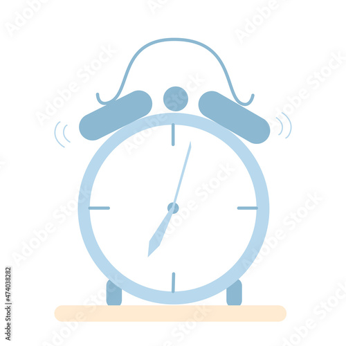 A ringing blue alarm clock at seven in the morning. Vector illustration in a flat style isolated on a white background