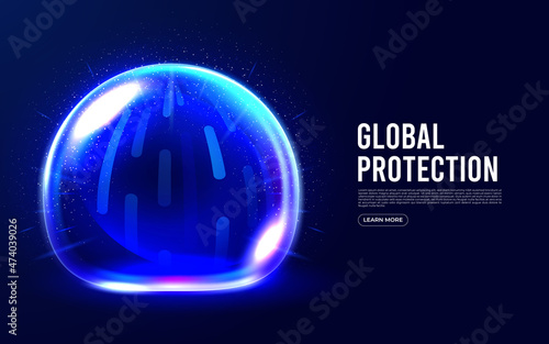 Power protective energy dome, shield on blue background. Inviolable field, protection and safety concept.