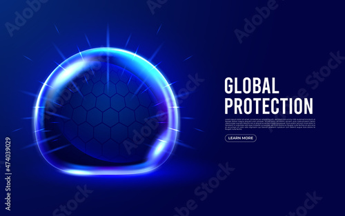 Power protective energy dome, shield on blue background. Inviolable field, protection and safety concept.