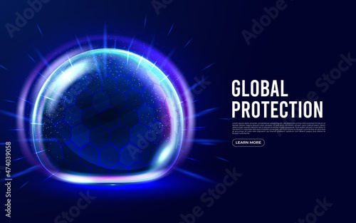 Power protective energy dome, shield on blue background. Inviolable field, protection and safety concept.