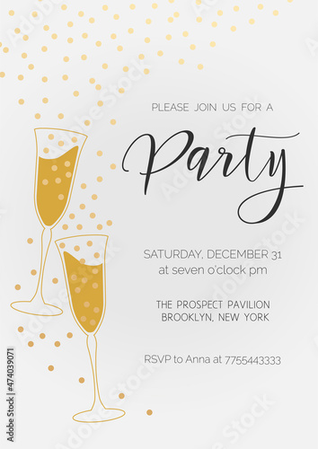 Party invitation. Illustration with glasses of champagne in hand and confetti. Modern vector template