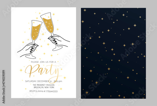 Party invitation. Illustration with glasses of champagne in hand and stars. Modern vector template