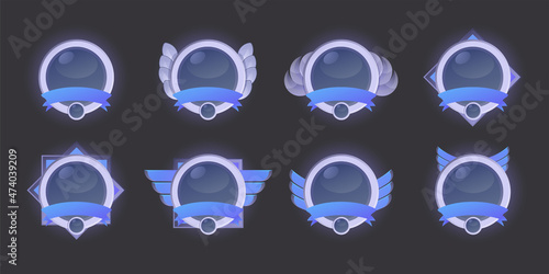 stone award badges for win in game. vector cartoon icons of golden medals with ribbons, gem, feathers and leaves. trophy or prize for best place in sport or competition