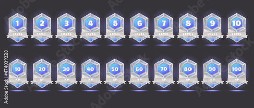 Futuristic badges with level number and experience points for game ui design. Vector cartoon icons of blue labels with rank and xp in sci fi style isolated on background