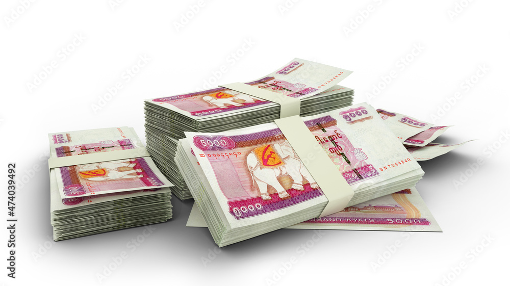 3D stack of 5000 Myanmar kyat notes isolated on white background. 3D stack of 5000 Myanmar kyat notes isolated on white background.