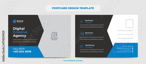 Corporate Modern Business Postcard Design Template. Blue Color Double Sided Postcard Design