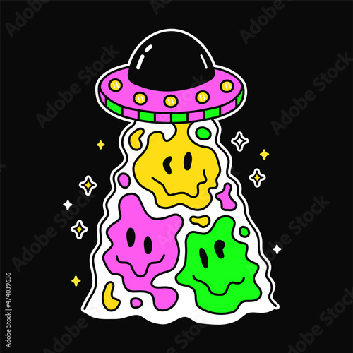 melting face for t-shirt print art.Vector line doodle cartoon graphic illustration logo design.Ufo,alien,flying saucer.melting smile print for poster, t-shirt concept