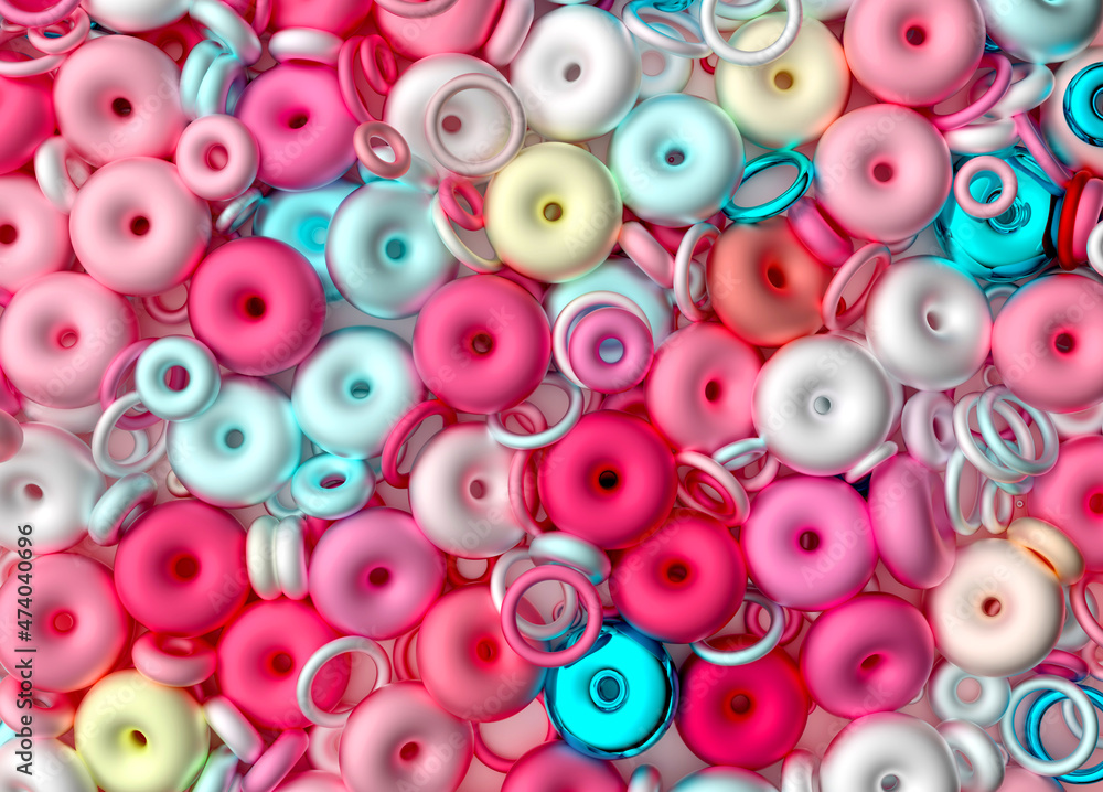 3d render of abstract art 3d background with surreal mix of chaotic sweet candy small and big artistic rings donuts particles in plastic glass and metal material in blue pink and white gradient color 3d render of abstract art 3d background with surreal mix of chaotic sweet candy small and big artistic rings donuts particles in plastic glass and metal material in blue pink and white gradient color