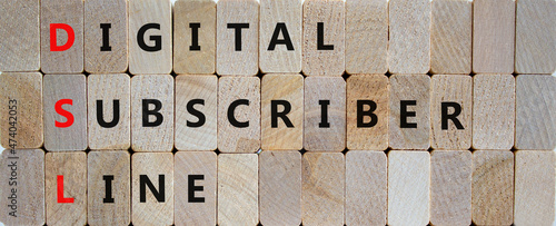 DSL digital subscriber line symbol. Concept words DSL digital subscriber line on blocks. Beautiful wooden background, copy space. Business and DSL digital subscriber line concept.