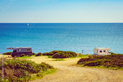 Caravans on beach by Punta Mala, Alcaidesa Spain © Voyagerix