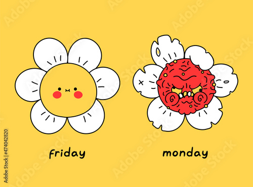 Funny happy and angry mad flower. Friday vs monday. Vector doodle cartoon character illustration design. Flower, love friday,hate monday print for poster, t-shirt concept
