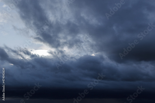 The dark sky with heavy clouds converging and a violent storm before the rain.Bad or moody weather sky and environment. carbon dioxide emissions, greenhouse effect, global warming, climate change