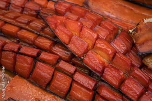 Various smoked fish products. Healthy eating and fish market concept