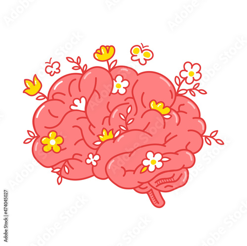Human brain organ with flowers. Vector hand drawn doodle line style cartoon character logo illustration. Isolated onw hite background. Human brain organ,healthy mind,flowers,psychotherapy logo concept