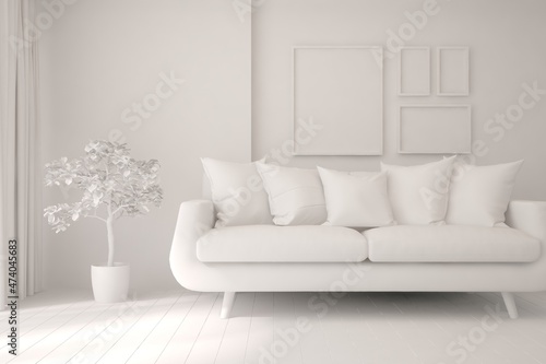 Mock up of stylish room in white color with sofa. Scandinavian interior design. 3D illustration