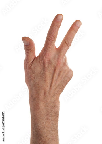 Male hand is showing three fingers isolated on white background