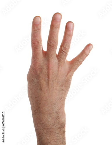 Male hand is showing four fingers isolated on white background
