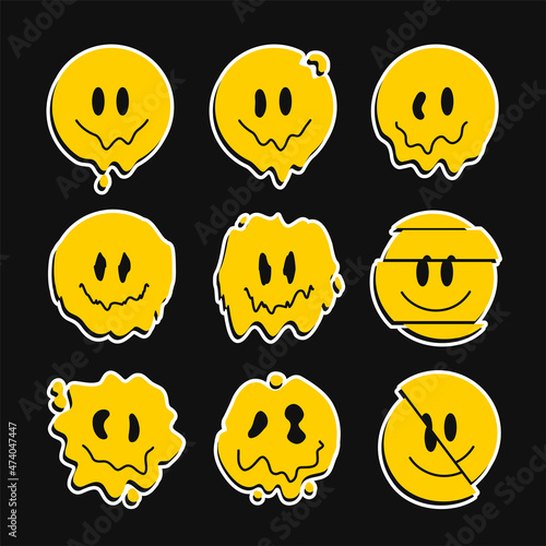 Funny melt smile faces set collection.Vector cartoon 90s character sticker pack set illustration. Smile faces melt,acid,trippy,psychedelic techno print for t-shirt,poster,stickers concept