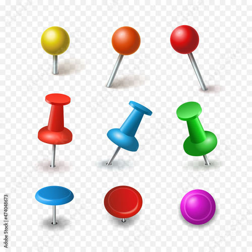 Pushpins and ball pins in different colors sticking out of the paper, vector illustrations
