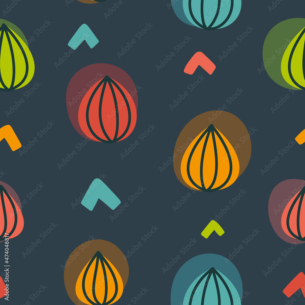 Glow physalis lanterns abstract pattern. Colorful light vector seamless texture. Shining multicolored onion print.