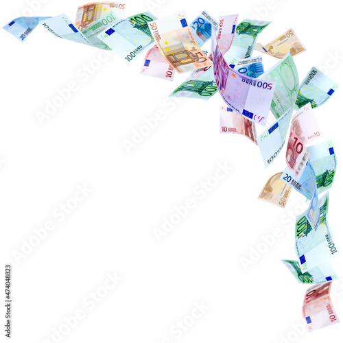 Euro banknotes falling and flying isolated on white