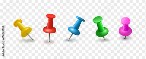 Pushpins in different colors sticking out of the paper, realistic vector illustrations