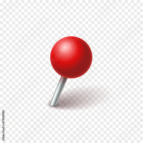 Red ball pin sticking out of the paper. Realistic vector illustration of pushpin with shadow isolated on checkered background. Decoration for photo collage.