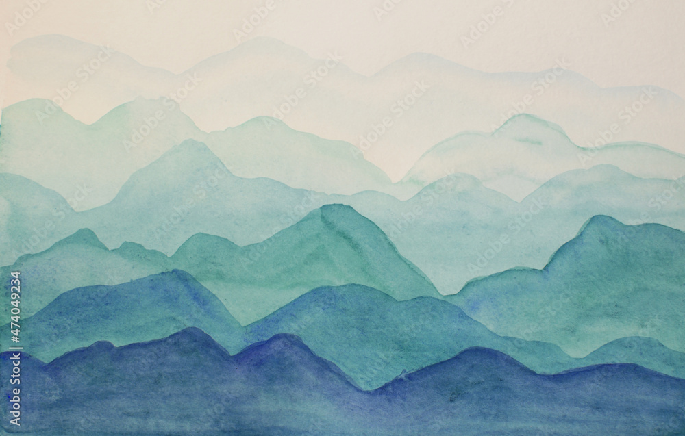 Watercolor drawing in blue tones, reminiscent of the landscape of the mountains. Watercolor drawing in blue tones, reminiscent of the landscape of the mountains.