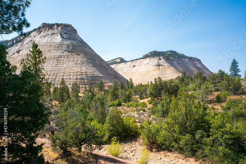 Zion Utah landscape photos including mountains, trees, rocks and blue sky