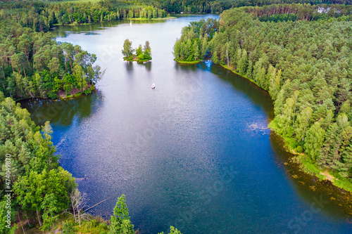 Aerial view yacht on lake in Tuchola Forests  Poland.