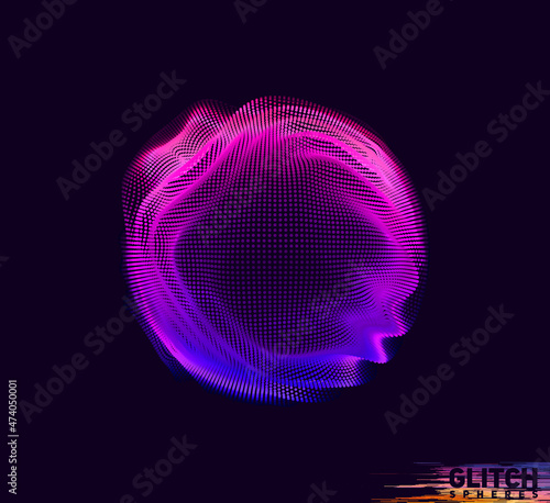 Abstract vector colorful mesh on dark background. Futuristic style card. Corrupted point sphere
