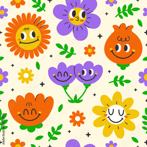 Cute funny kawaii smile face flowers seamless pattern.Vector cartoon kawaii character illustration design.Positive vintage smile face chamomile flower garden seamless pattern concept