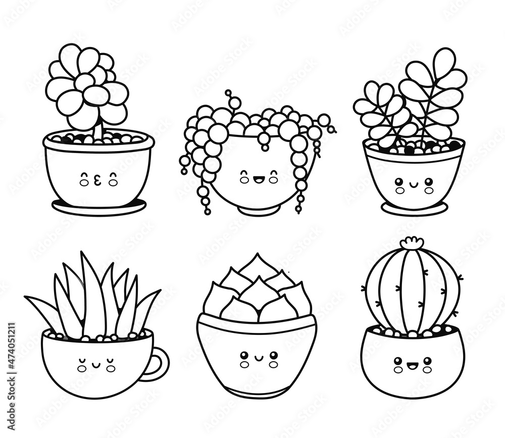 Cute Cactus with Flowers Kawaii Chibi Coloring Page Black and