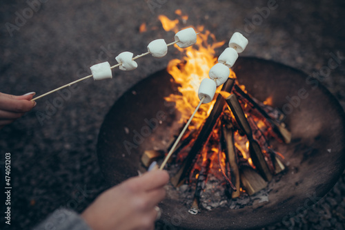 Εκτύπωση καμβά Female hands roast the marshmallow strung on sticks over bonfire.