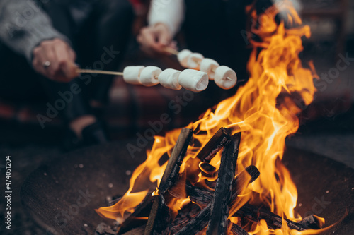 Female hands roast the marshmallow strung on sticks over bonfire.