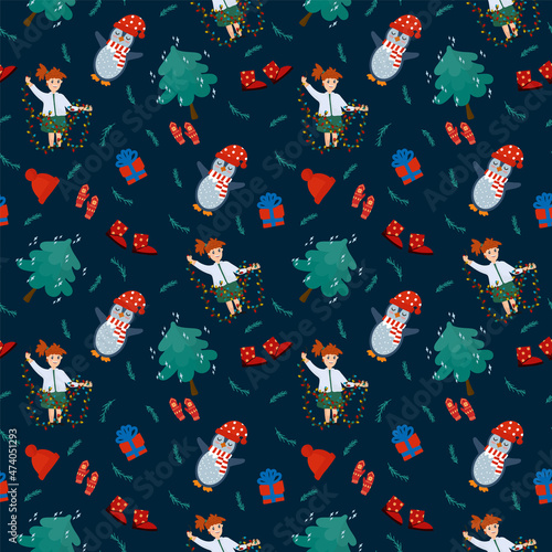 Christmas and New Year background with seasonal elements. Doodle Pattern with a Christmas tree, a child, a snowman. Holiday seasonal elements for textiles. Vector illustration