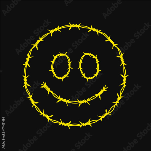 Funny smile face,barbed wire logo.Vector cartoon character illustration logo.Smile yellow face, barbed wire, barbwire print for t shirt,poster,sticker concept