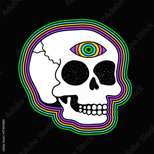 Psychedelic trippy skull with open third eye. Vector hand drawn doodle line cartoon character illustration. Psychedelic,acid,skull,third eye print for t-shirt, poster,sticker,cover,card concept