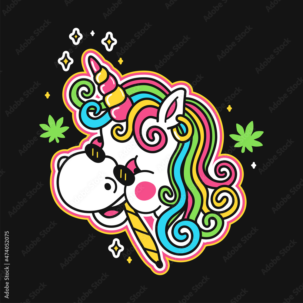 Smile happy unicron smoking weed joint t-shirt print.Vector hand drawn cartoon character illustration.Unicorn face,high,rasta,marijuana magic trip,cannabis print for t-shirt,poster,logo concept Smile happy unicron smoking weed joint t-shirt print.Vector hand drawn cartoon character illustration.Unicorn face,high,rasta,marijuana magic trip,cannabis print for t-shirt,poster,logo concept