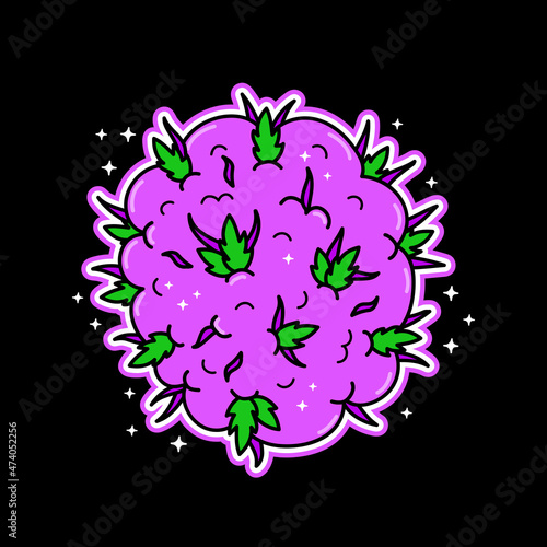 Shiny purple marijuana weed bud t-shirt print design. Vector hand drawn trendy cartoon logo illustration. Purple cannabis, weed,marijuana fashion print for t-shirt, poster, card, logo, sticker concept