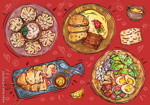 Hand drawn line vector illustration food. Top view. Doodle dishes collection: caprese, sausages in dough, khinkali, bread, cobb salad, puree, rice, lemon