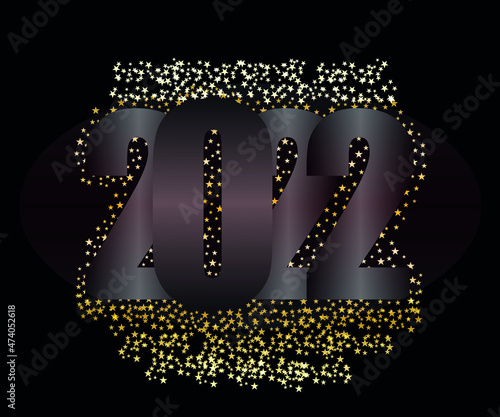 gradient inscription 2022 on a black background strewn with gold stars