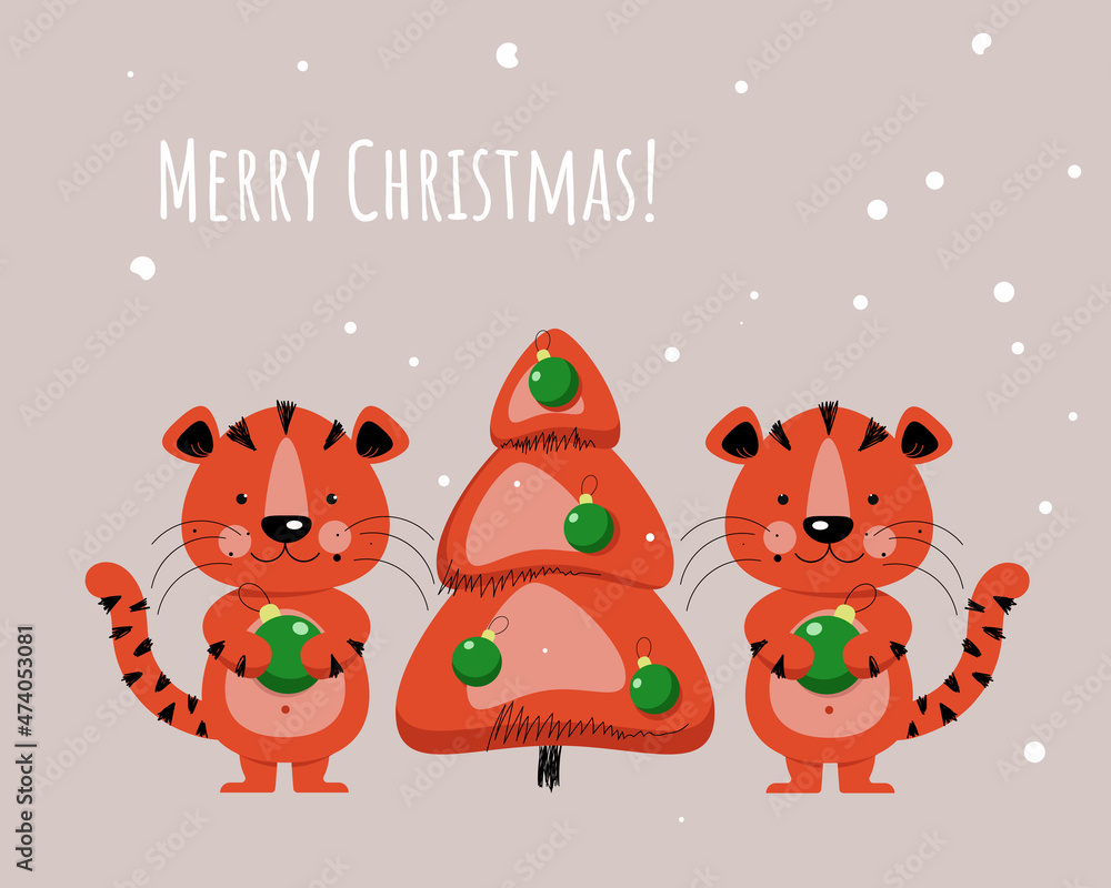 Fototapeta premium Сartoon merry christmas card with tigers and christmas tree illustration 