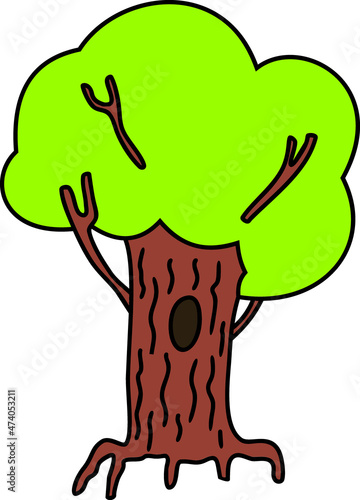 Cartoon tree with hollow and green crown isolated on white background