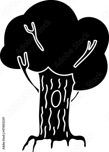 Black silhouette of cartoon tree with hollow isolated on white background