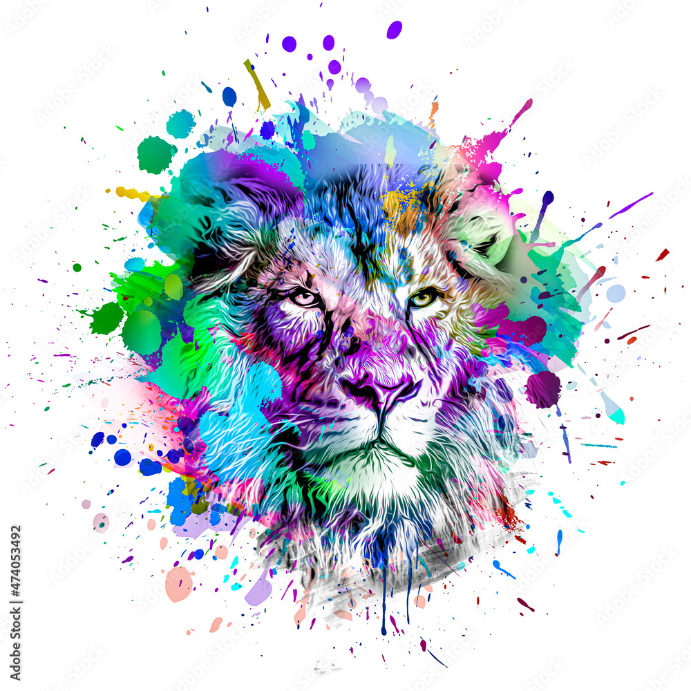 Fototapeta premium Colorful artistic lion muzzle with bright paint splatters 