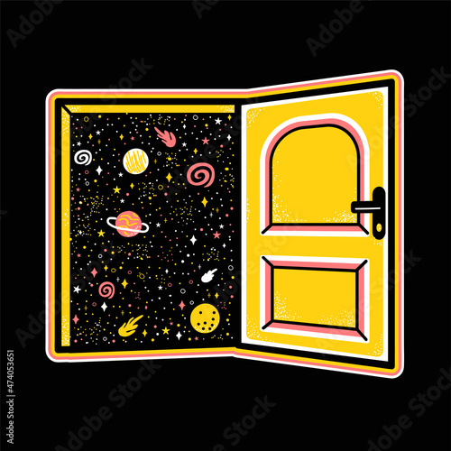 Door to space. Vector abstract hand drawn cartoon illustration. Open door,dream,space,stars,universe,cosmos print for t-shirt,poster,card,sticker concept